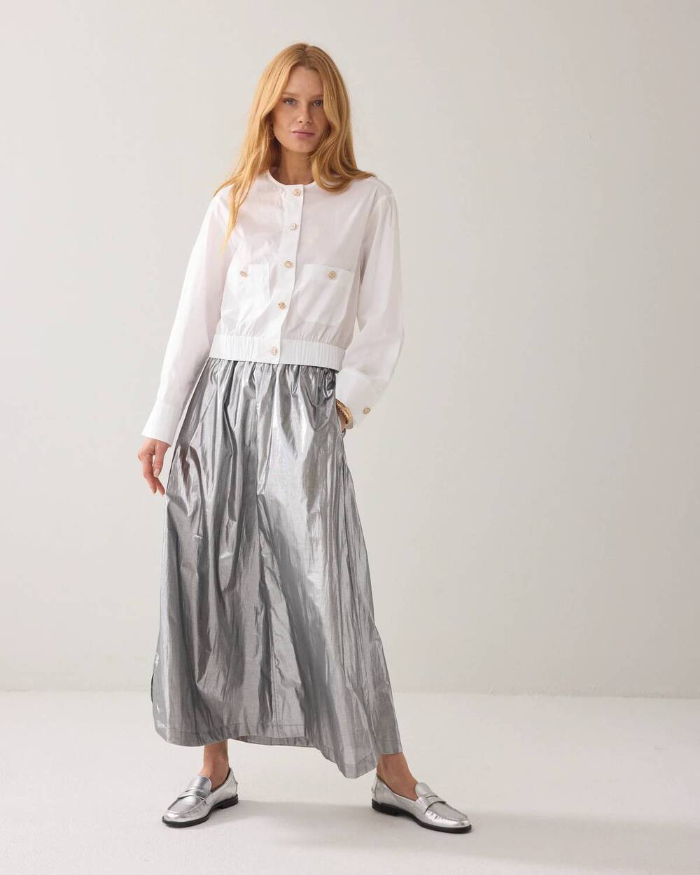 NEW SUMMUM cotton polyester blend maxi skirt in shiny silver